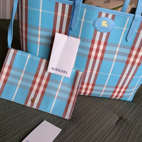 Burberry Light Blue Tote with Plaid Accent - Picture 4 of 11